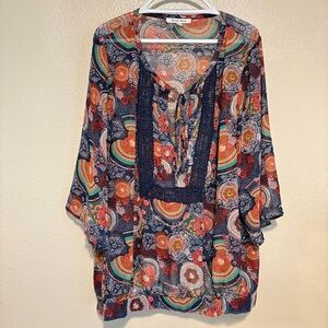 Black Rainn Colorful Boho Sheer Tunic Blouse V-Neck Navy Crochet Accent Size 3X